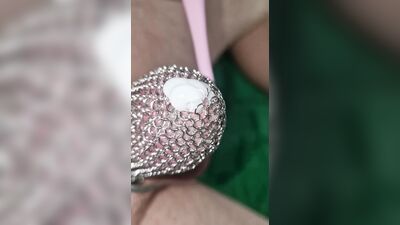 Penis chastity cage with chainmail. Can I jerkoff and cum?