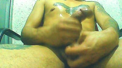 Daddy oils himself up and masturbates with vibrating rings on his testicles, until he can't take it