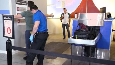 MENSEXGEAR - Paul Canon Travels With A Toy In His Ass Until He Gets Caught By A Security Guy