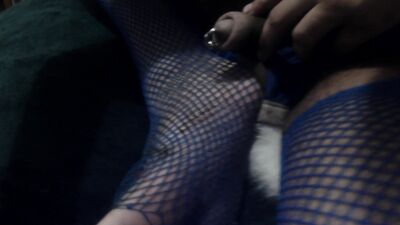 Playing with anal furry plug, showing my long nude toenails, CD tits and pierced cock