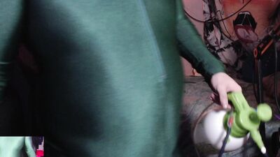 Stretchy Green Unitard Belly Inflation