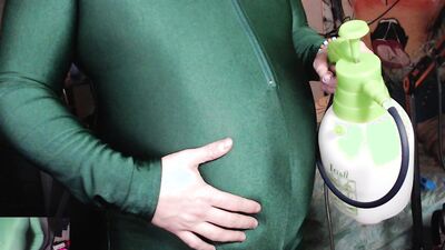 Stretchy Green Unitard Belly Inflation