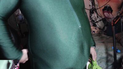 Stretchy Green Unitard Belly Inflation