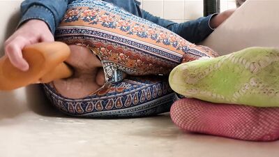 hippie femboy sissy crossdresser plays with huge anal toys and fists