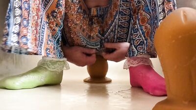 hippie femboy sissy crossdresser plays with huge anal toys and fists