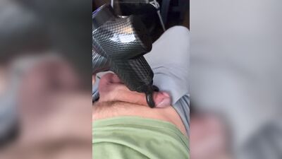 Slomo cum using massage gun on my big uncut cock