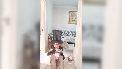 Sissy takes huge enema then bounces on dildo whilst still inflated