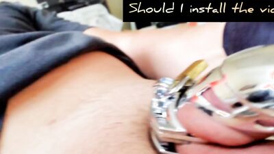 Putting On Chrome Male Chastity Device For Cumming While Edging
