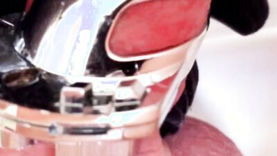 Putting On Chrome Male Chastity Device For Cumming While Edging