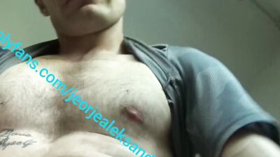 Showing fit body, bodyhair and uncut cock