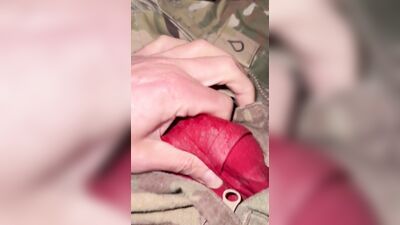 Army soldier Jerking off in uniform and cumming through some red boxer briefs