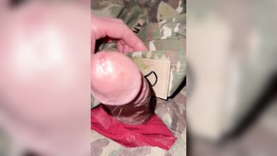 Army soldier Jerking off in uniform and cumming through some red boxer briefs