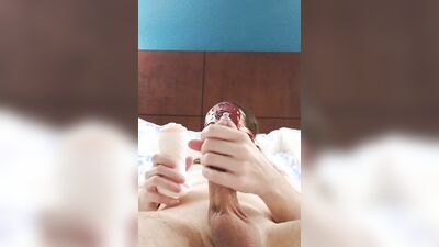 Quick fuck of a virgin shaped pocket pussy while a penis plug is in my urethra in Dallas hotel room