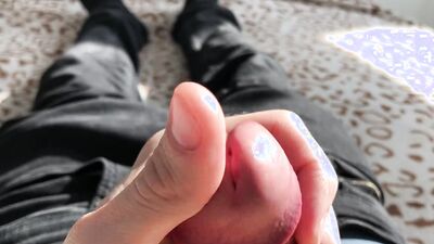 Solo masturbation of a big 18 cm penis in jeans with cumshot
