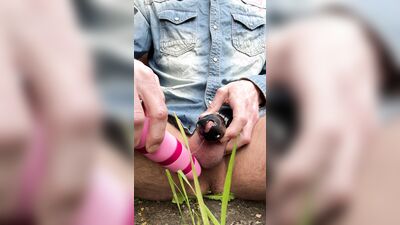 Ruined outdoor cum shot in chastity cage