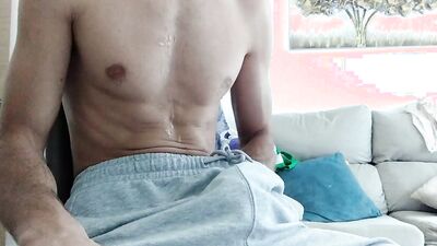 Twink with Nice Body Spits on his Chest while Making his Huge Cock Cum