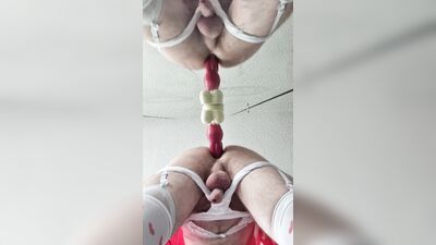 Riding a knotted fantasy dildo dressed in lingerie 3 alternative views