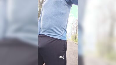 Very risky edging. Moaning loudly jerking off the thick cock. Pissing with hard cock
