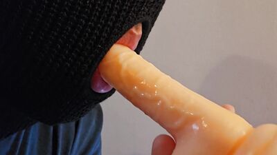 Guy sucking dildo with and without Condom Deepthroat Gagging on Dildo