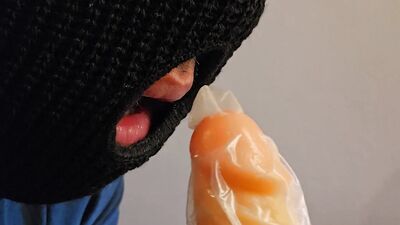 Guy sucking dildo with and without Condom Deepthroat Gagging on Dildo