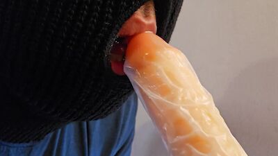 Guy sucking dildo with and without Condom Deepthroat Gagging on Dildo