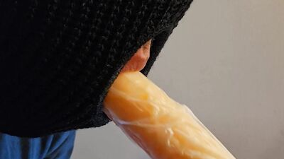 Guy sucking dildo with and without Condom Deepthroat Gagging on Dildo