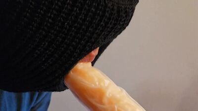 Guy sucking dildo with and without Condom Deepthroat Gagging on Dildo