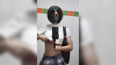 Half naked in elevator !! Exhibitionist Gina cum huge load at school