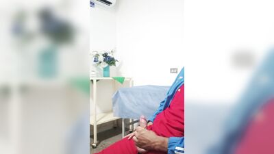 The doctor masturbates until he finishes