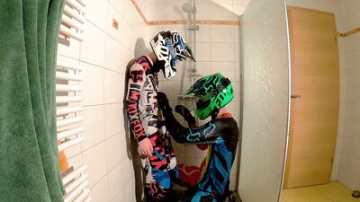 Boyfriend fucks me hard at the shower in mx gear