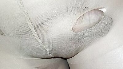Cock jammed in pantyhose. And juicy cum in a white pussy. Part 2