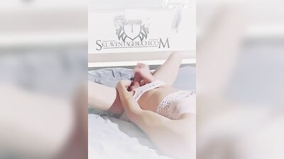 Sissy slut jerks off in a white outfit