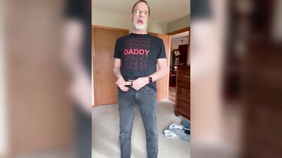 Daddy strips, pits on cock harness and rings on his balls, strokes and comes