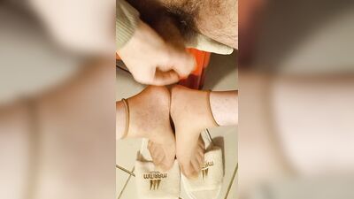 DADDY in STEPDAUGHTER's Nylon Ankle Socks! Pissing, jerking off, cumming, licking cum!!