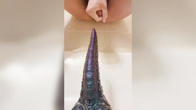 Monster dildo ruins asian hole, massive cum ropes and insertion ending