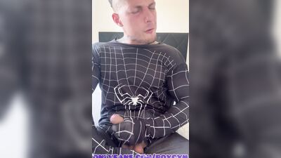 JERKING OFF my FAT COCK with my SPIDERMAN SUIT, BoyGym Cum