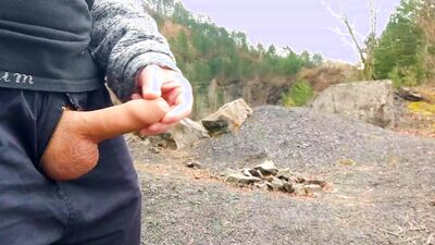 Risky masturbation, huge cum in public camp