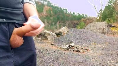 Risky masturbation, huge cum in public camp