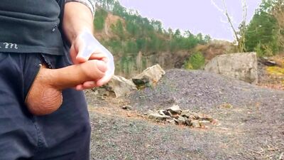 Risky masturbation, huge cum in public camp