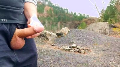 Risky masturbation, huge cum in public camp
