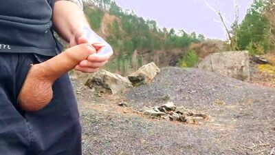 Risky masturbation, huge cum in public camp