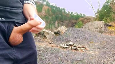 Risky masturbation, huge cum in public camp