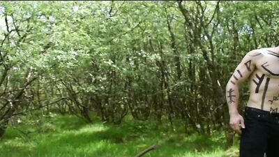 Viking Warrior masturbating in forest
