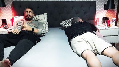 Caught jerking off my big cock next to my stepbrother while our father and mother are away