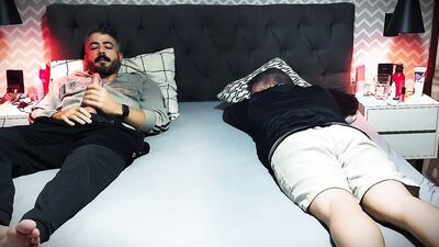 Caught jerking off my big cock next to my stepbrother while our father and mother are away