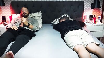 Caught jerking off my big cock next to my stepbrother while our father and mother are away