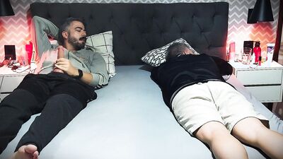 Caught jerking off my big cock next to my stepbrother while our father and mother are away