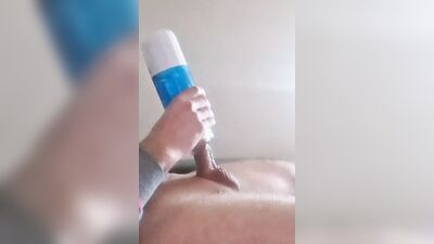 Masturbating with toy pussy, cumshot