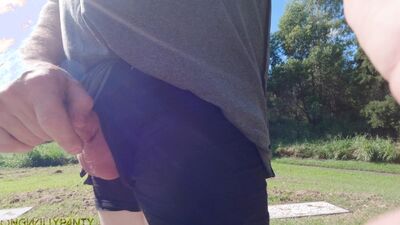 Amateur straight guy public dare with his uncut cock hanging out and on display