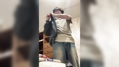 Cock masturbation while putting on a jacket to the grocery store